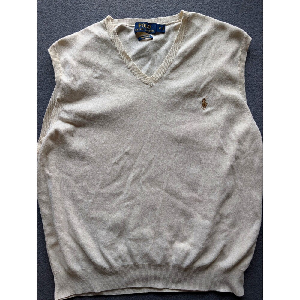 Polo Ralph Lauren Men’s XL Pima Cotton Sweater Vest Cream V-Neck Pony Logo